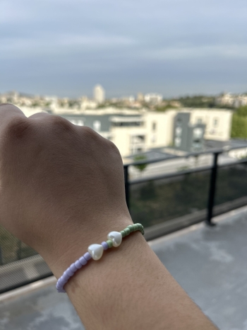 Bracelet Double Cœur Vert Et Violet Pastel