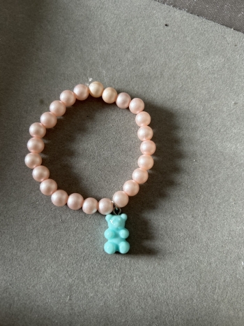 Bracelet Grosses Perles Rose Poudré Ourson Bleu