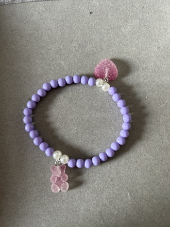 Bracelet Moyennes Perles Cœur & Ourson Mauve