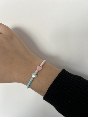 Bracelet Petites Perles Bleu Clair-Blanc & Cœurs